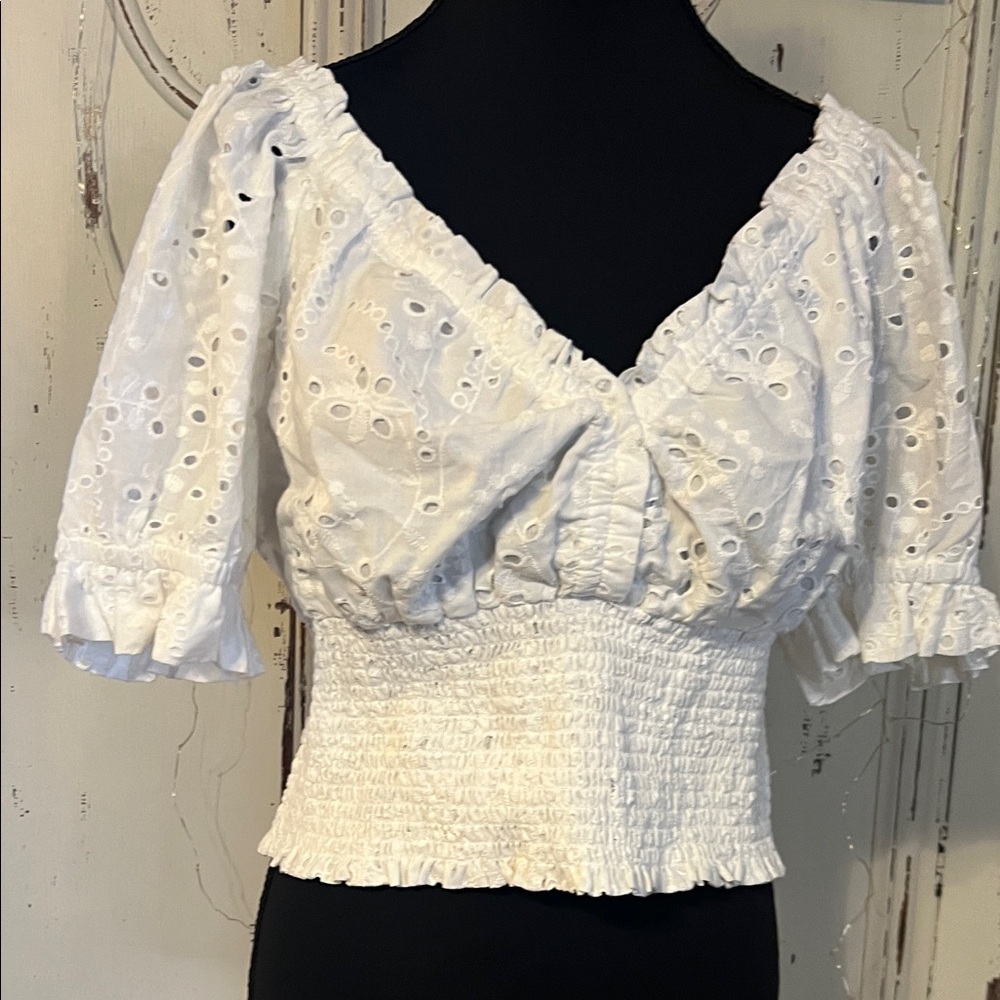 Chic White Eyelet Blouse with Smocked Waist